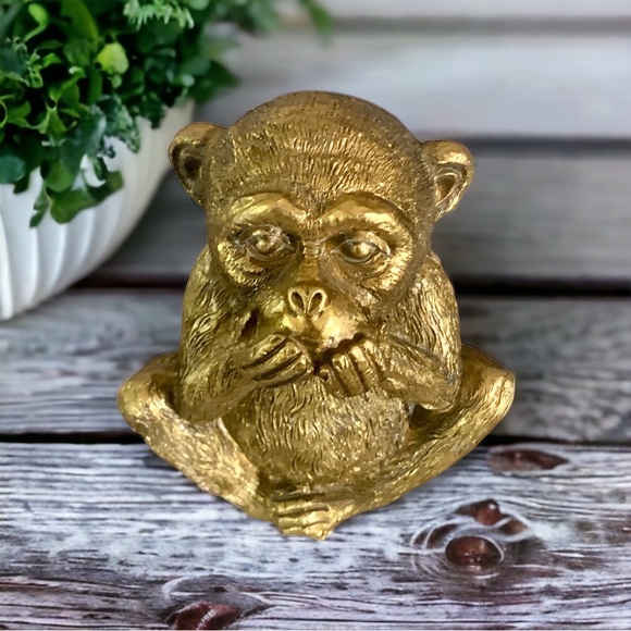 🚩SOLD🚩 Speak No Evil - Golden Tone Resin Monkey 5.5” Tall - Picture 5 of 8